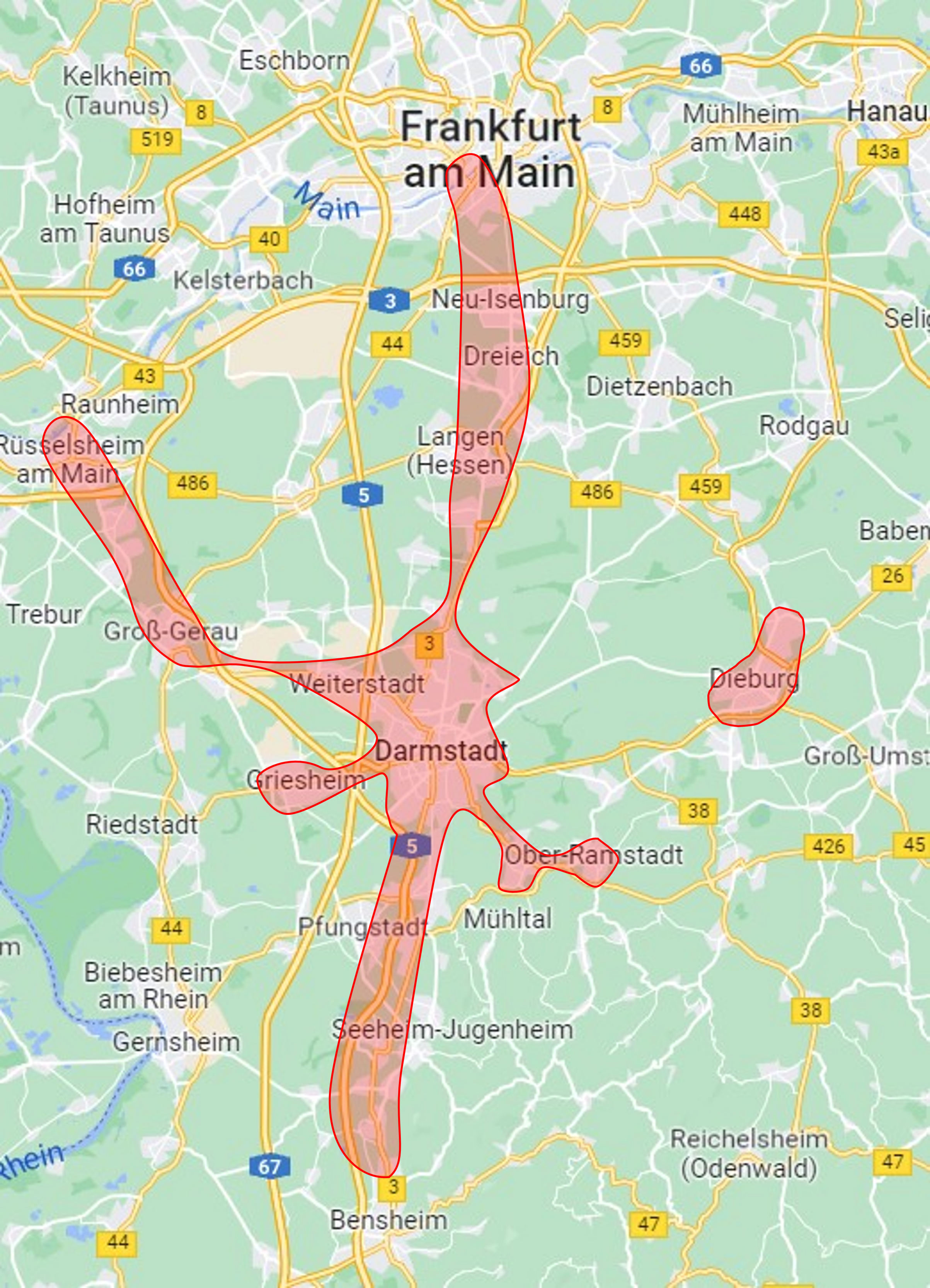 Neighborhoods within public transport reach to Darmstadt